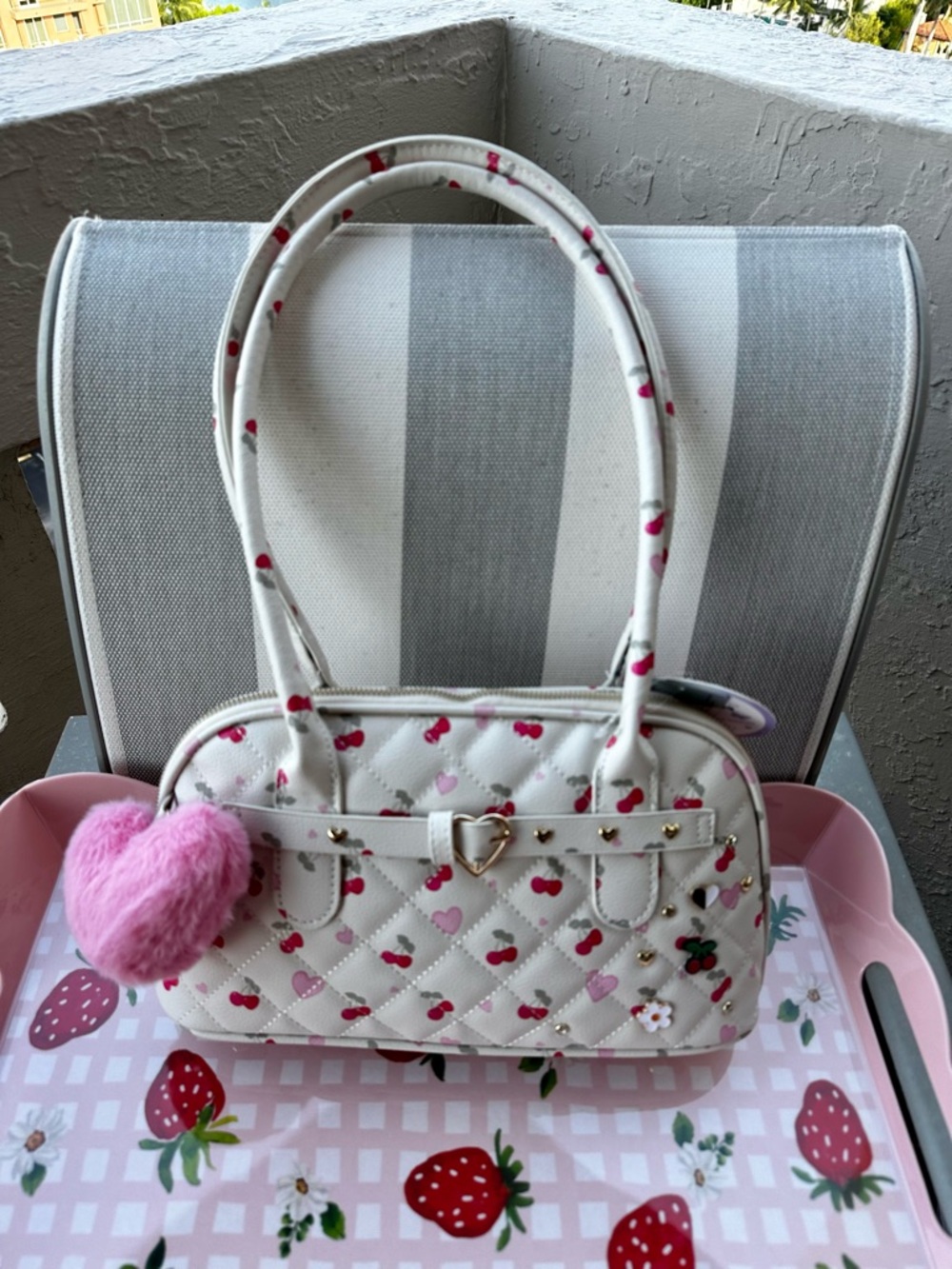 New Under One Sky Cherry Heart Quilted Satchel Purse Coquette Kawaii Pink Pom